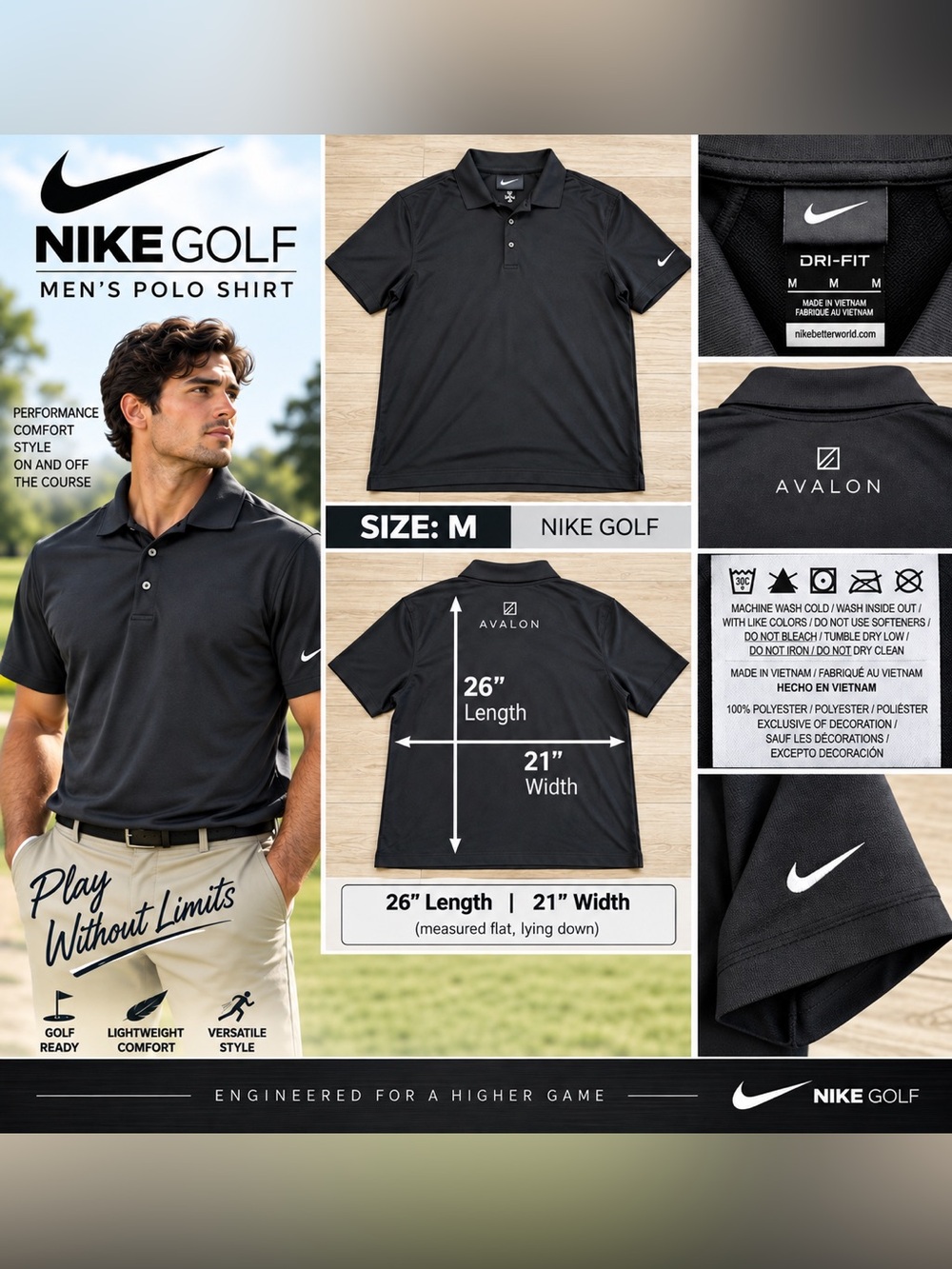 Nike Golf Dri-FIT Men’s Polo Shirt Black Size M Avalon Logo Performance